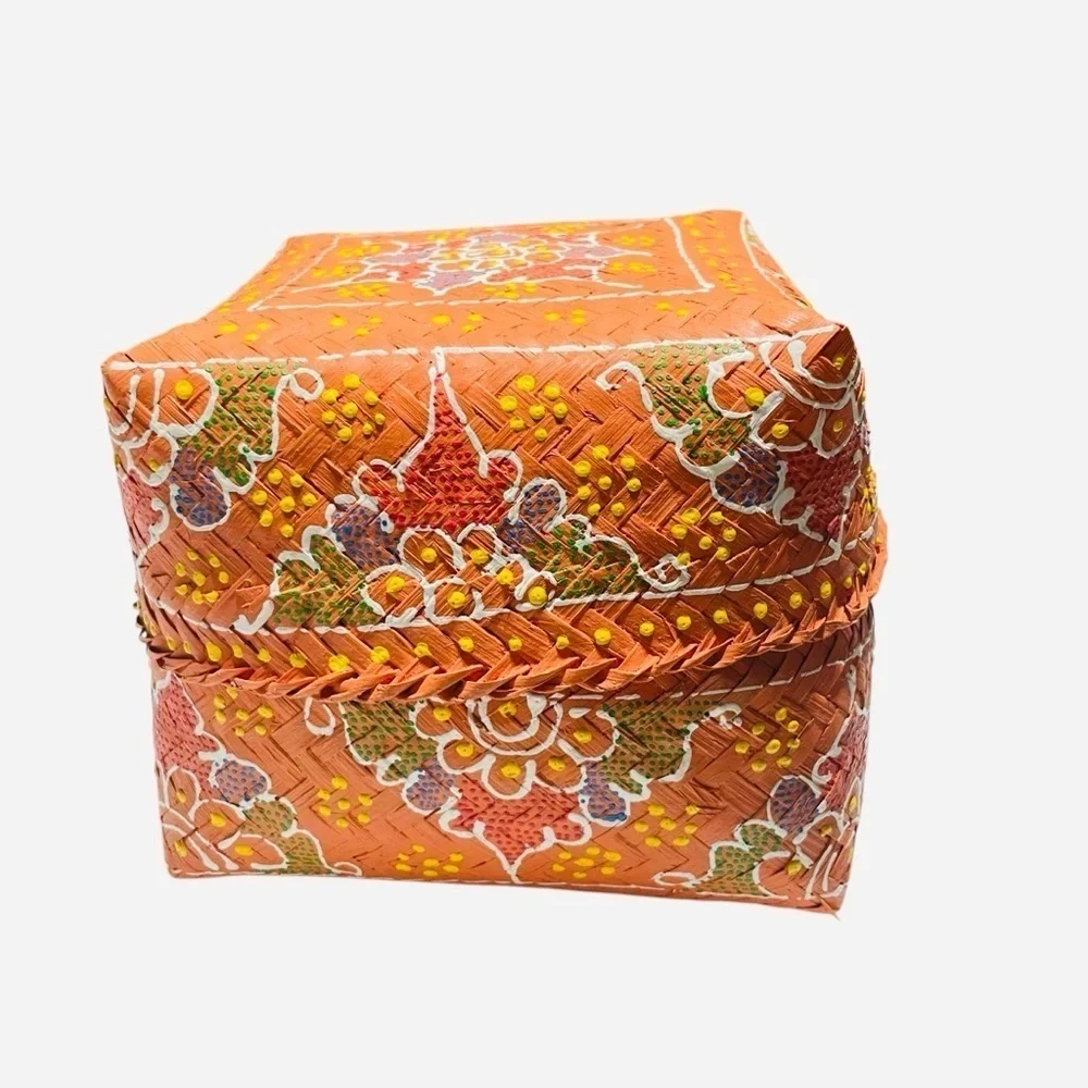 Vintage Indonesian Orange Hand Painted Woven Offering Basket with Lid 7”